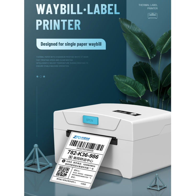 Single paper waybill label printer with a single label inserted in the front feed area