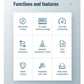 Waybill label printer functions and features infographic with six labeled icons