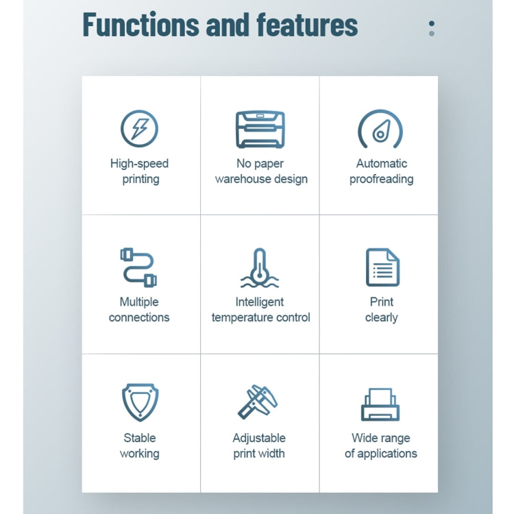 Waybill label printer functions and features infographic with six labeled icons