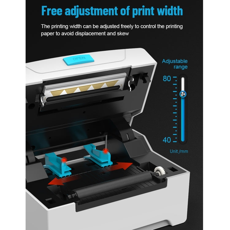 Waybill label printer adjustable print width graphic with open mechanism and measuring scale
