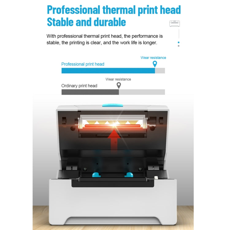 Thermal label printer front view showing internal thermal print head mechanism