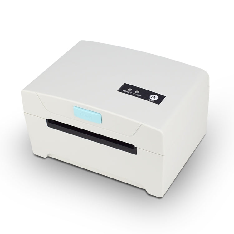 Single paper waybill label printer, white body with front output slot and control panel on top