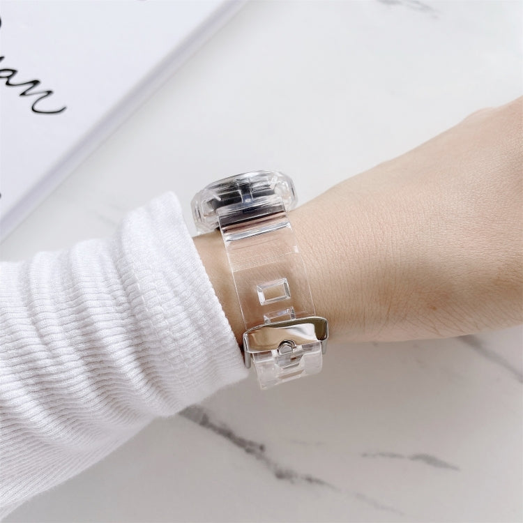 Clear silicone watch strap with metal clasp buckle on wrist