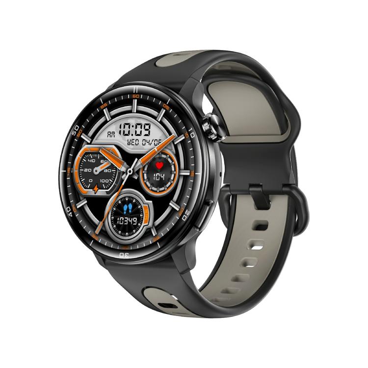 Black round smartwatch with gray strap and detailed multi-dial watch face
