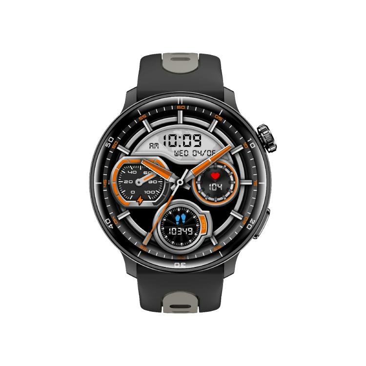 Front view of black round smartwatch with gray strap and multi-dial display