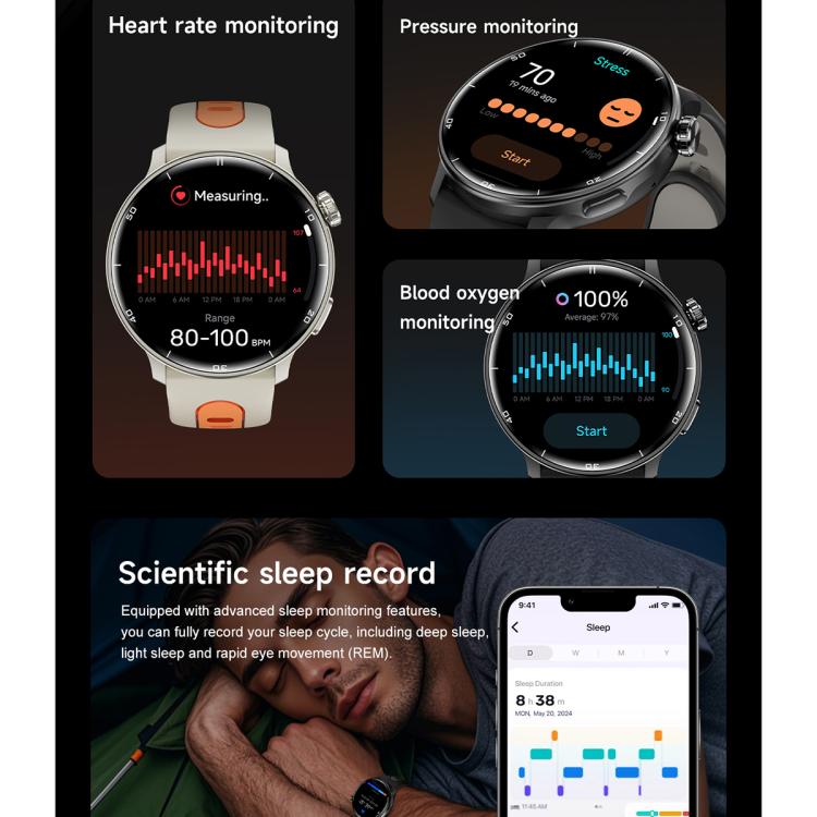 Smartwatch with heart rate, blood oxygen, pressure and sleep tracking displays
