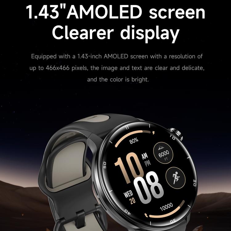 Black smartwatch with gray strap and large AMOLED time and fitness display