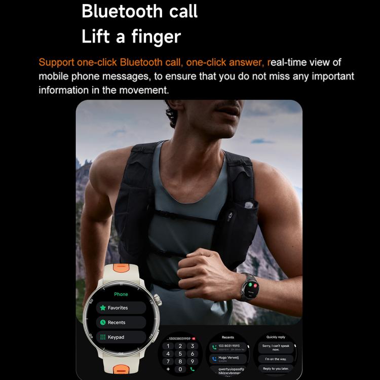 S666 sport smartwatch with cream and orange band showing Bluetooth call controls