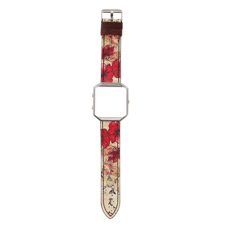 Leather watch strap with red floral pattern and silver clasp for Fitbit Blaze