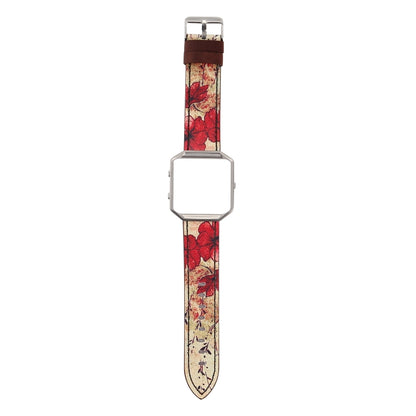 Leather watch strap with red floral pattern and silver clasp for Fitbit Blaze