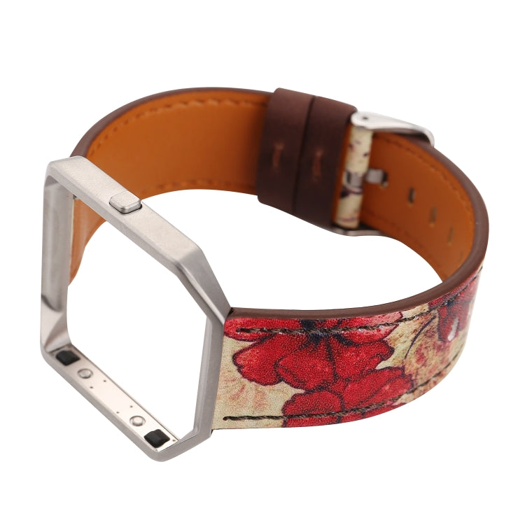 Red flower leather watch strap with tan underside and silver watch buckle