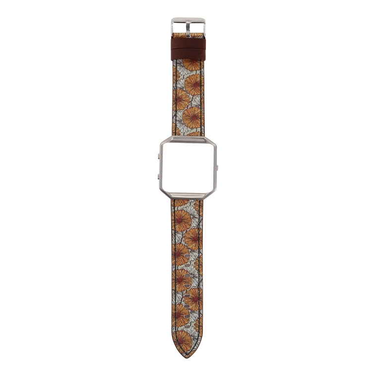 Leather watch strap with orange chrysanthemum pattern and silver clasp