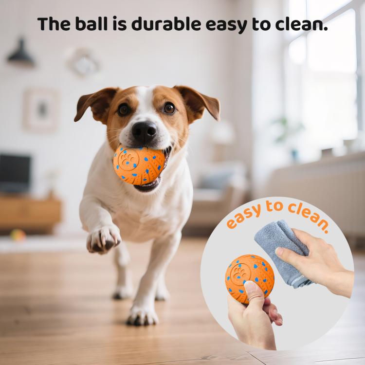 Orange smart pet toy ball with blue paw pattern in front of a dog