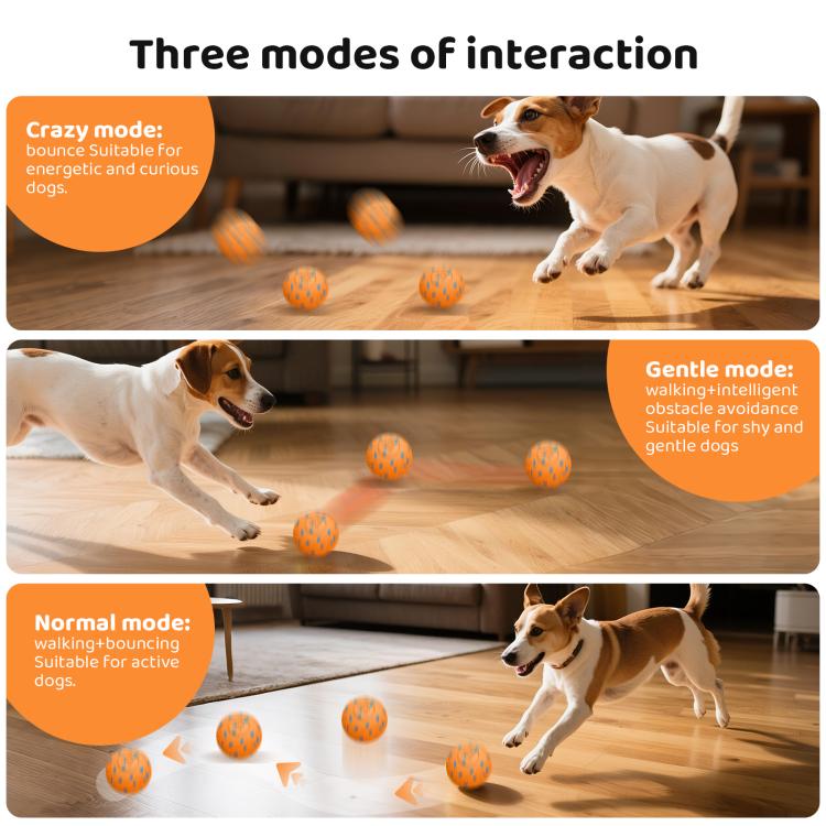 Orange smart pet toy ball with blue paw pattern as a dog plays