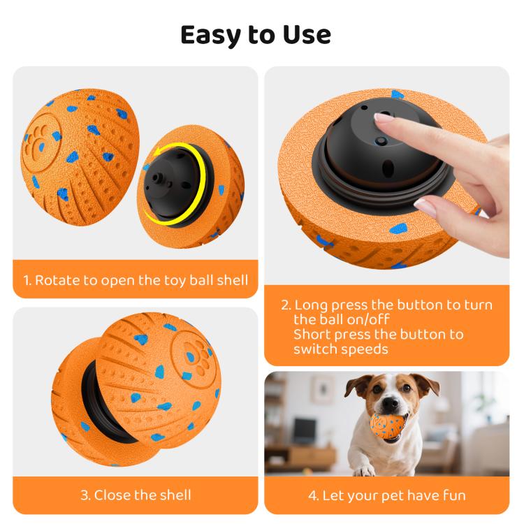 Orange smart pet toy ball with blue paw pattern showing the open shell