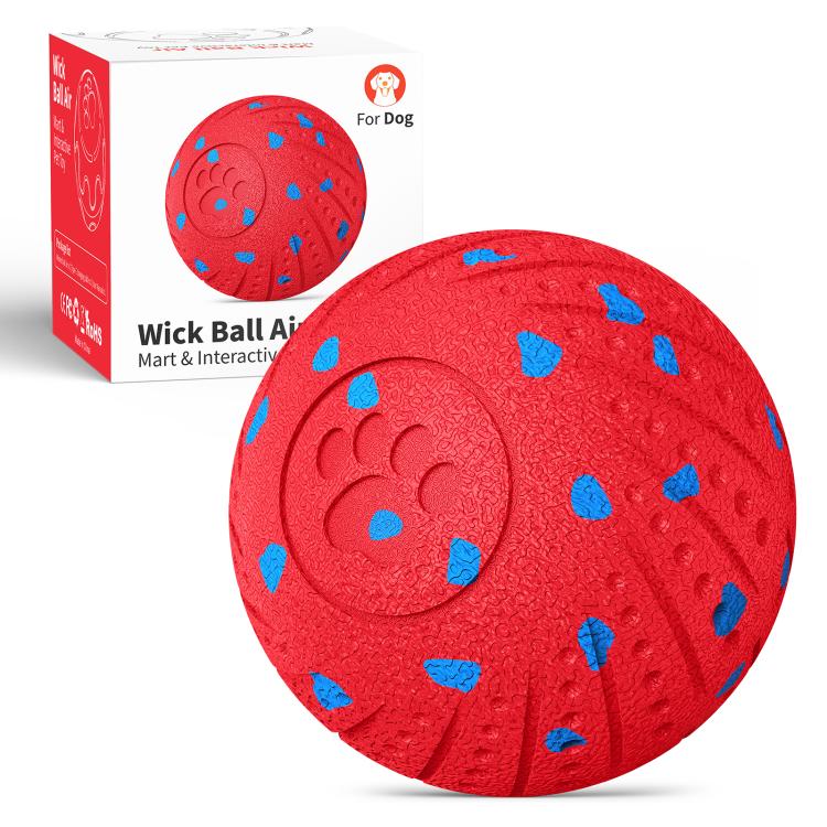 Red textured smart pet toy ball with blue paw-print pattern, 80mm diameter