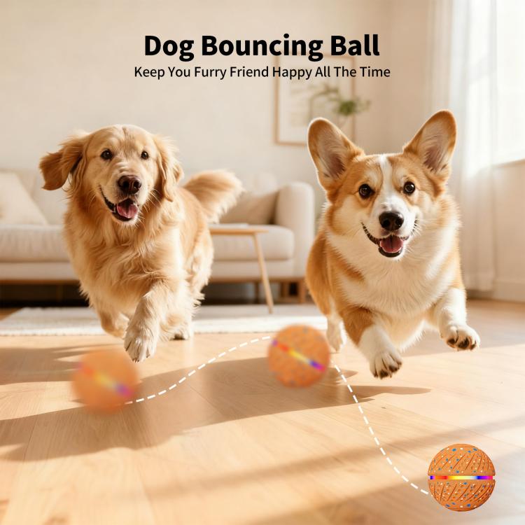 Orange LED rolling pet ball toy with textured dome, blue speckles, 70mm