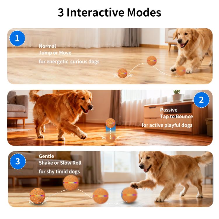 Interactive rolling pet ball toy with orange textured surface and blue speckles