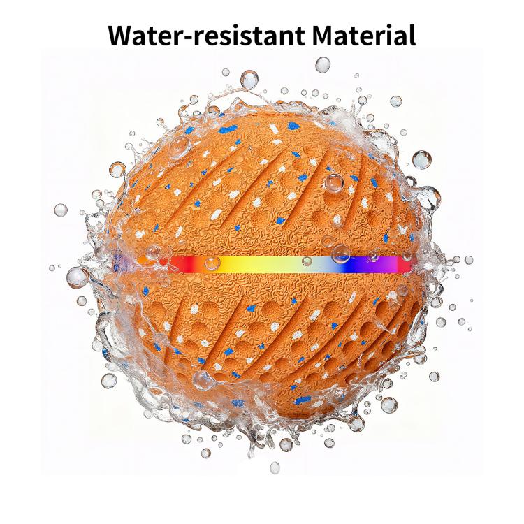 Water-resistant orange LED pet training ball toy with textured surface and blue speckles