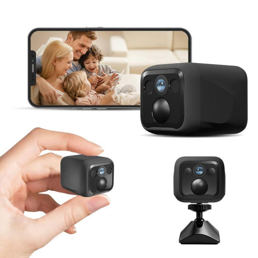 Black mini indoor WiFi security camera with wide lens and compact desktop stand