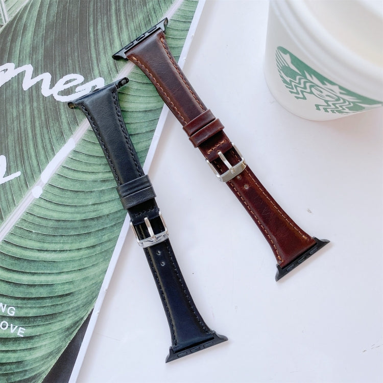 Double-sided genuine leather watch strap, black and dark brown, metal buckle, perforated.