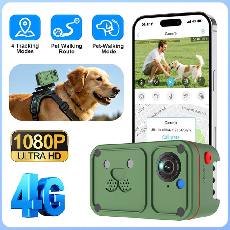 Green 4G pet GPS camera tracker with front camera lens and blue indicator button