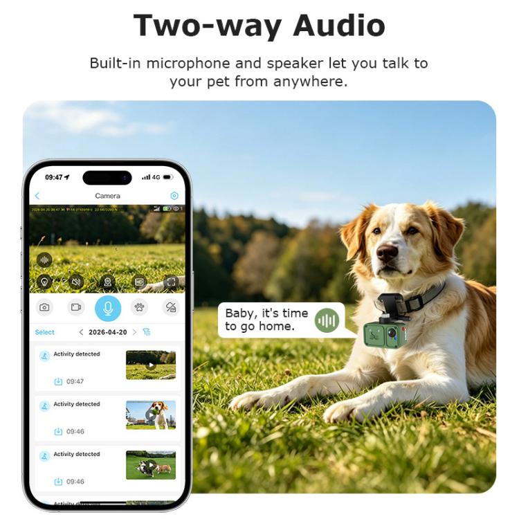 Green waterproof pet GPS tracker with camera, shown on a dog and smartphone app