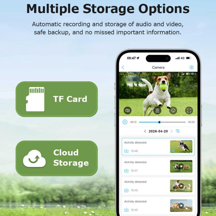 Pet GPS tracker camera app screen with TF card and cloud storage icons