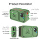 Green pet camera GPS tracker device with labeled lens, microphone, speaker, ports