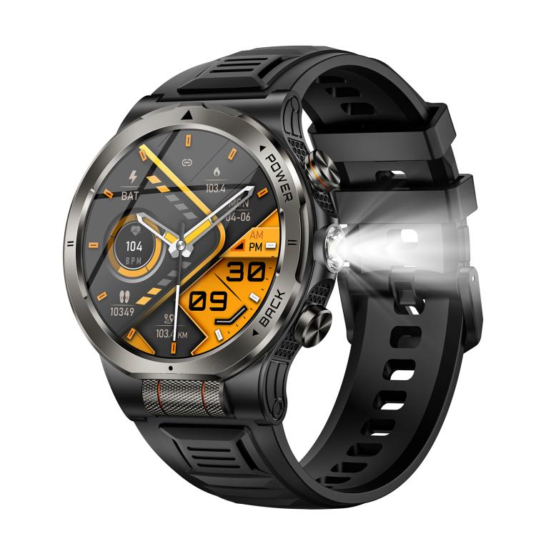 KT91 sports smartwatch with black strap, orange-accented display and built-in flashlight