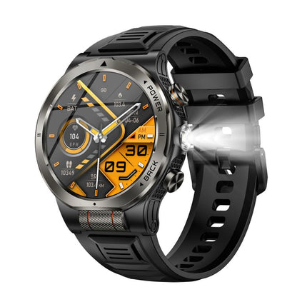 KT91 sports smartwatch with black strap, orange-accented display and built-in flashlight