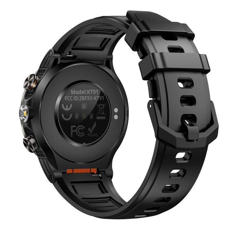 KT91 smartwatch rear view showing sensor panel and black adjustable strap