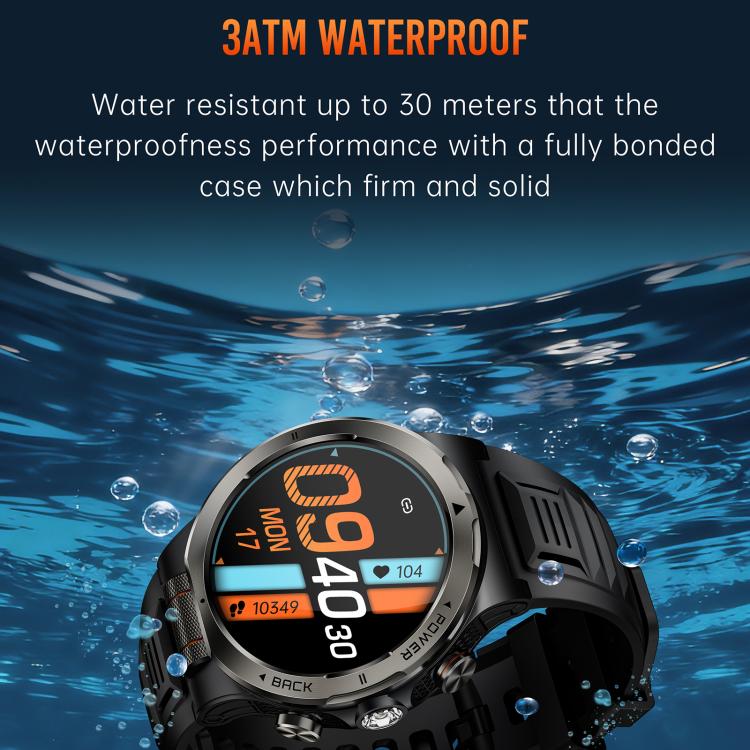 KT91 sports smartwatch with black strap shown underwater, highlighting its 3ATM water resistance.