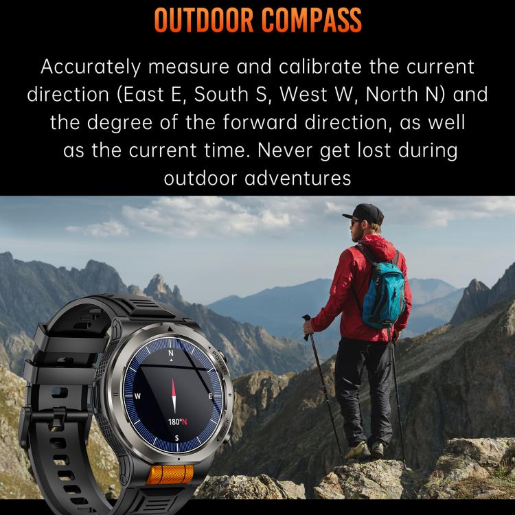 KT91 sports smartwatch with black strap and compass display.