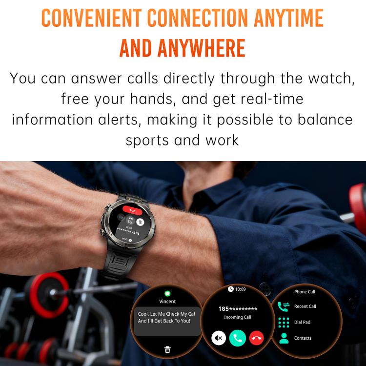 KT91 smartwatch worn during exercise, showing call controls on its display.