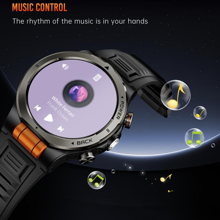 KT91 smartwatch with music controls on screen and an orange-accented black strap.