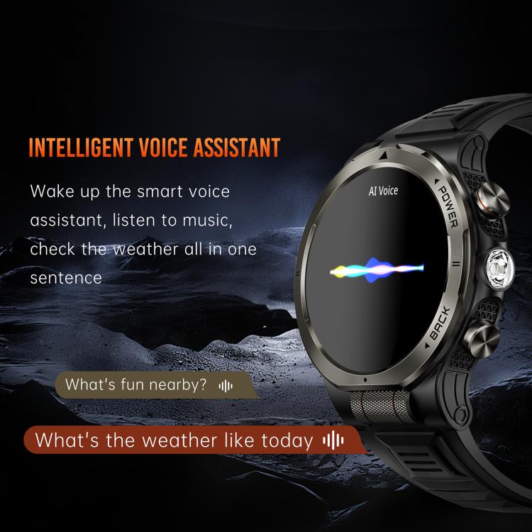 KT91 smartwatch displaying a voice assistant waveform, with side buttons visible.