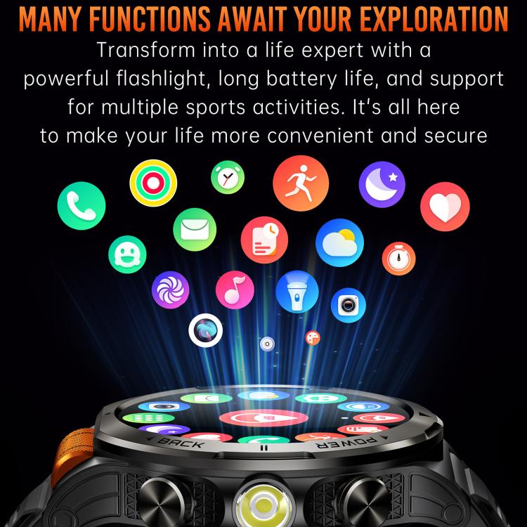 KT91 smartwatch with a built-in flashlight and colorful function icons above its display.