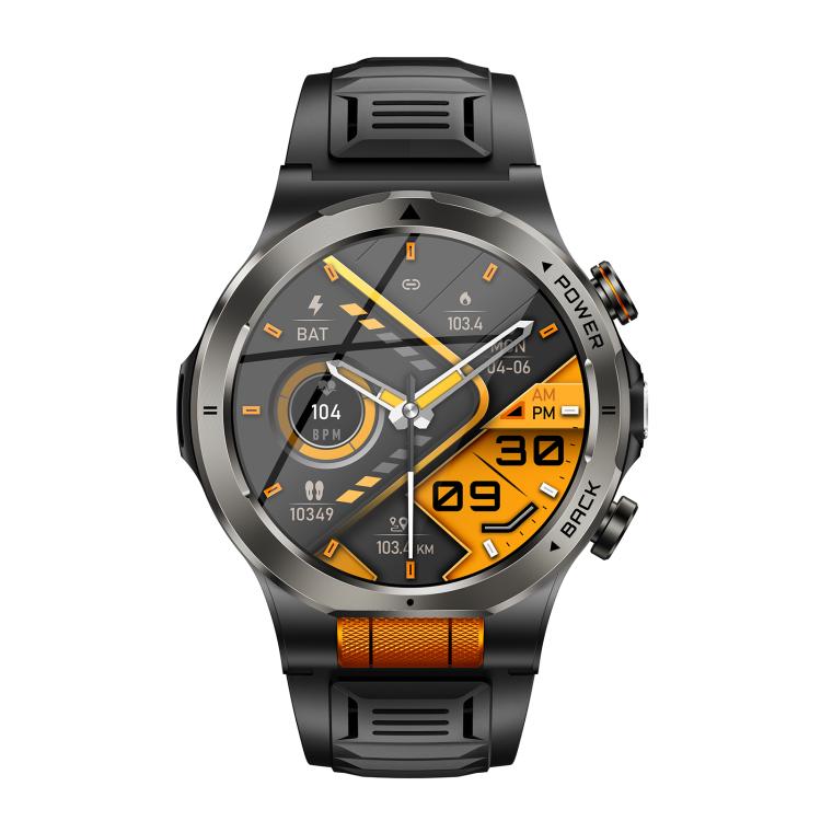 KT91 smartwatch with round orange-accented display and black strap