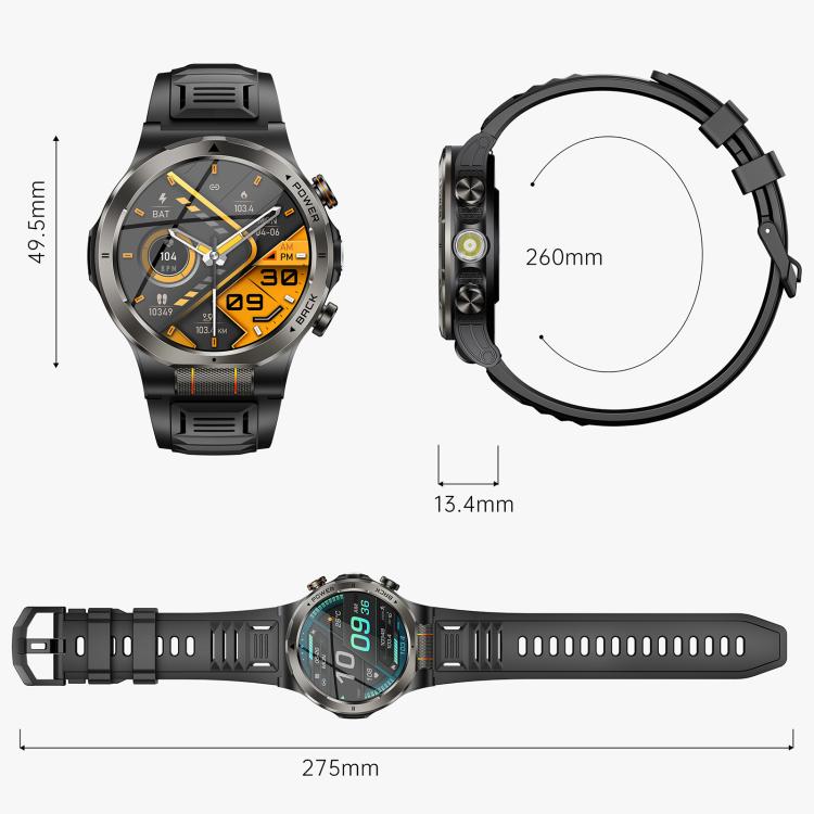 KT91 smartwatch shown with dimensions, side flashlight and adjustable strap
