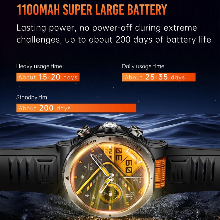 KT91 smartwatch close-up showing orange display, side controls and black strap