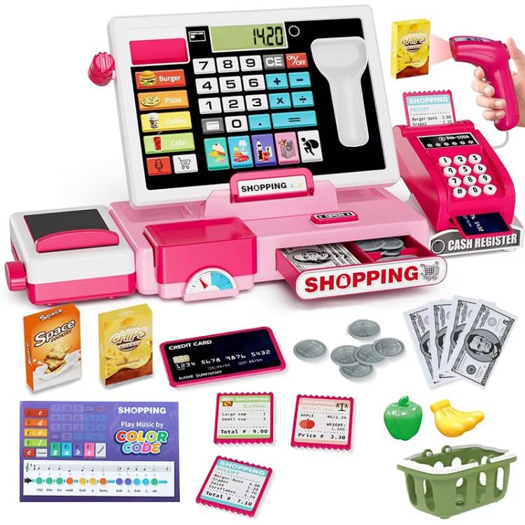 Pink kids cash register playset toy with touchscreen and card slot