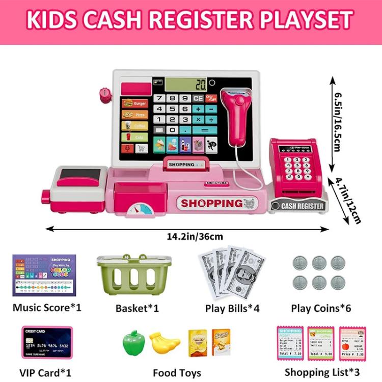 Pink cash register playset with keypad screen and handheld scanner