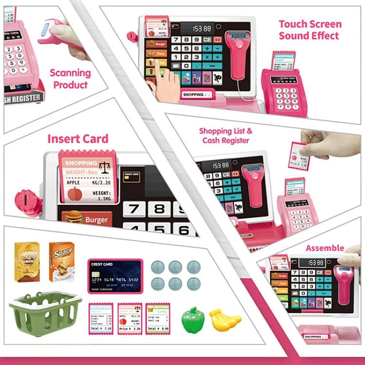 Pink kids cash register playset with card reader and coin accessories