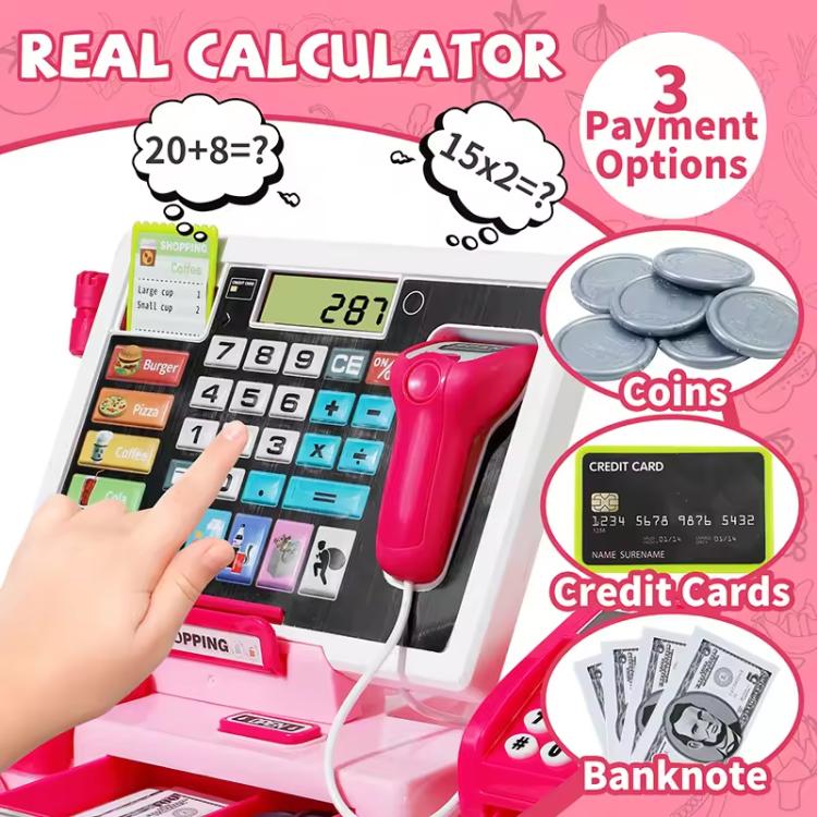 Pink cash register toy with touchscreen display and coin payment