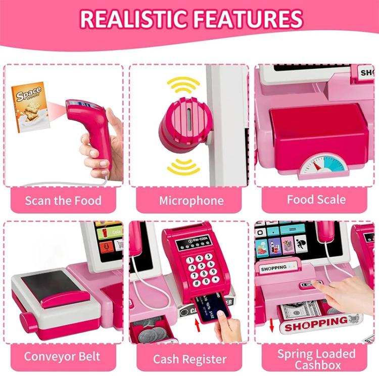 Pink shopping cash register playset with conveyor belt and cash drawer