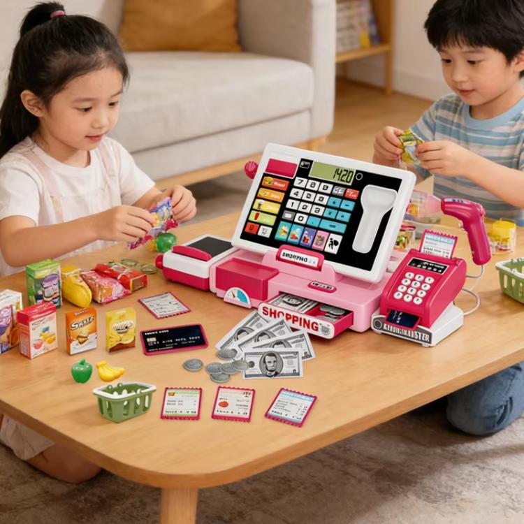 Pink shopping cash register playset with shopping accessories on tabletop