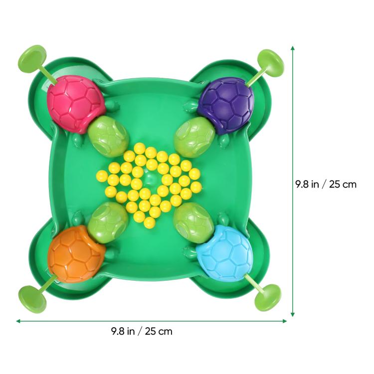 Green turtle bean-eating game tray with six colorful turtle shells and yellow beads