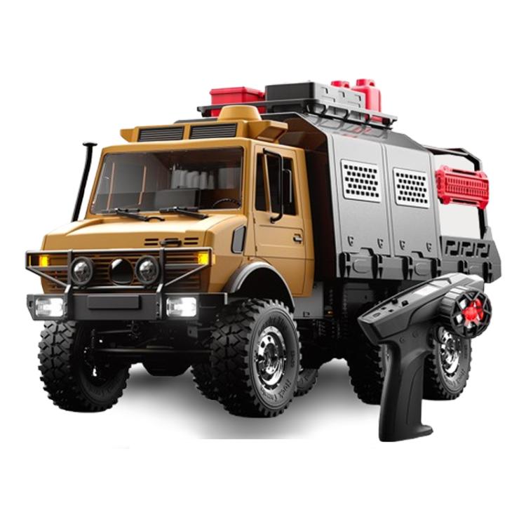 Yellow and gray six-wheel all-terrain RC truck with rugged tires and front headlights.