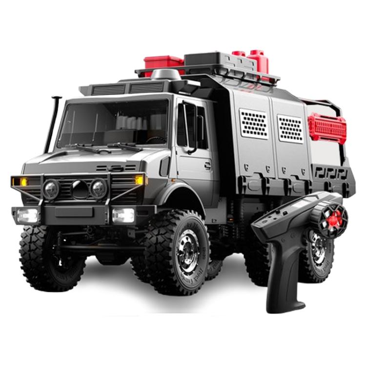 Silver and gray six-wheel all-terrain RC truck with roof details and chunky tires.